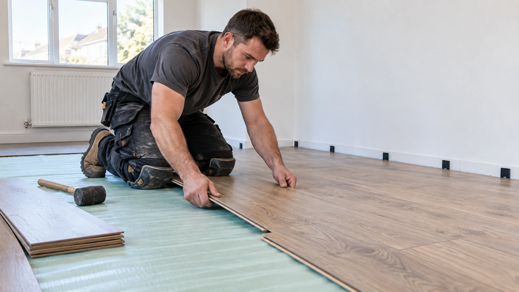 Floor fitter clicking wood-effect laminate boards over visible foam underlay, perimeter expansion spacers by wall, knee pads, low angle in bright unfurnished UK room.