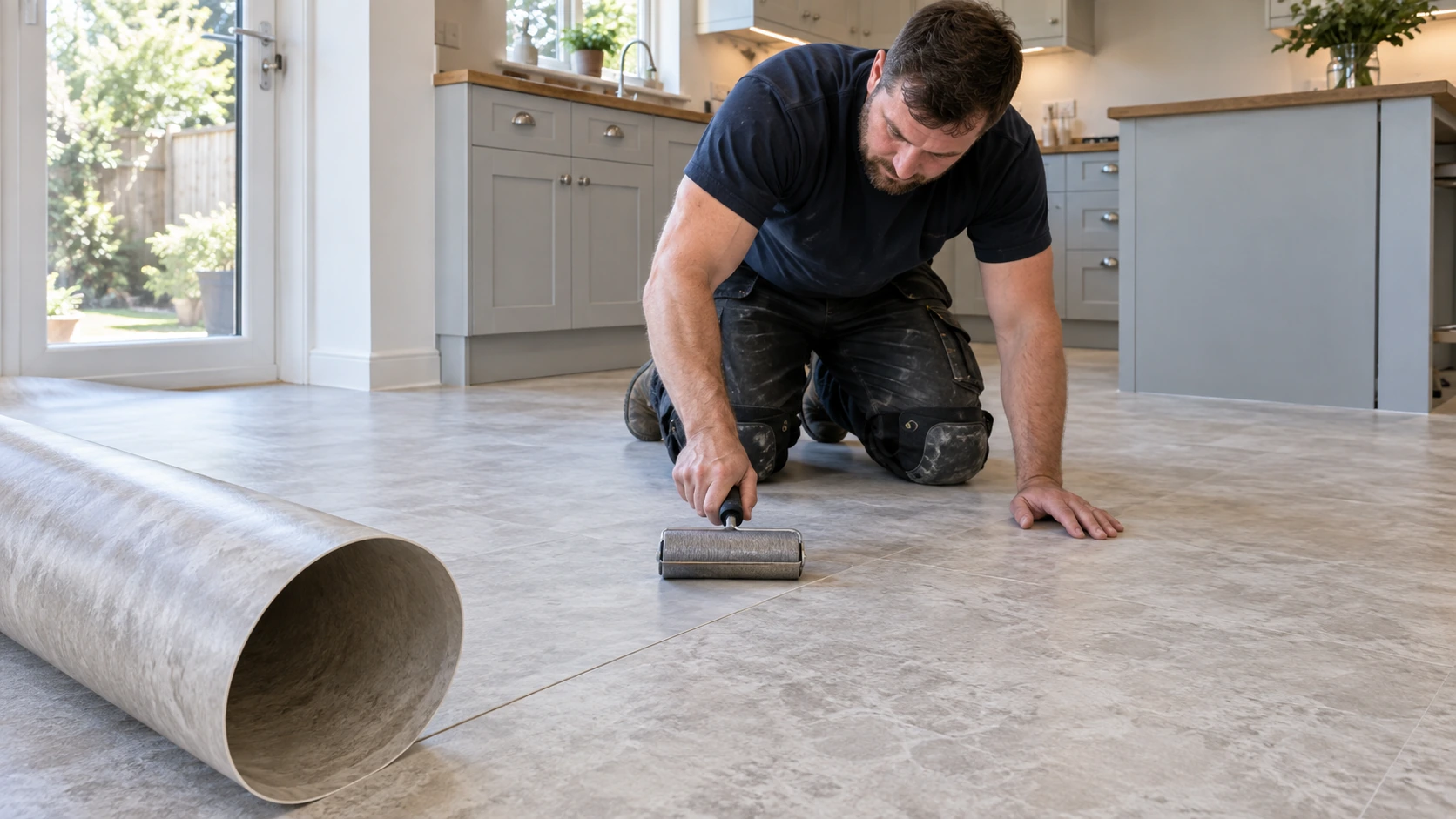 Floor fitter unrolling pale stone-effect sheet vinyl and smoothing it over a prepared kitchen floor with a hand roller, a neat seam and curved loose roll edge clearly visible, knee pads, no cutting toward hands.