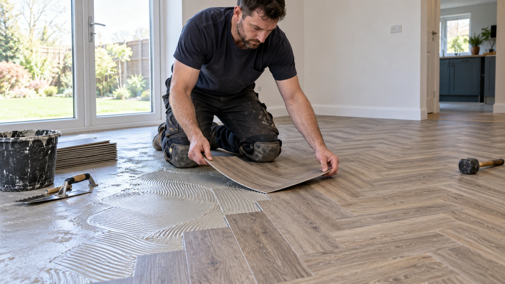 Installer aligning a flexible wood-effect luxury vinyl flooring section on adhesive above a smooth subfloor, with visible herringbone-patterned floor, thin tile edges and knee pads.