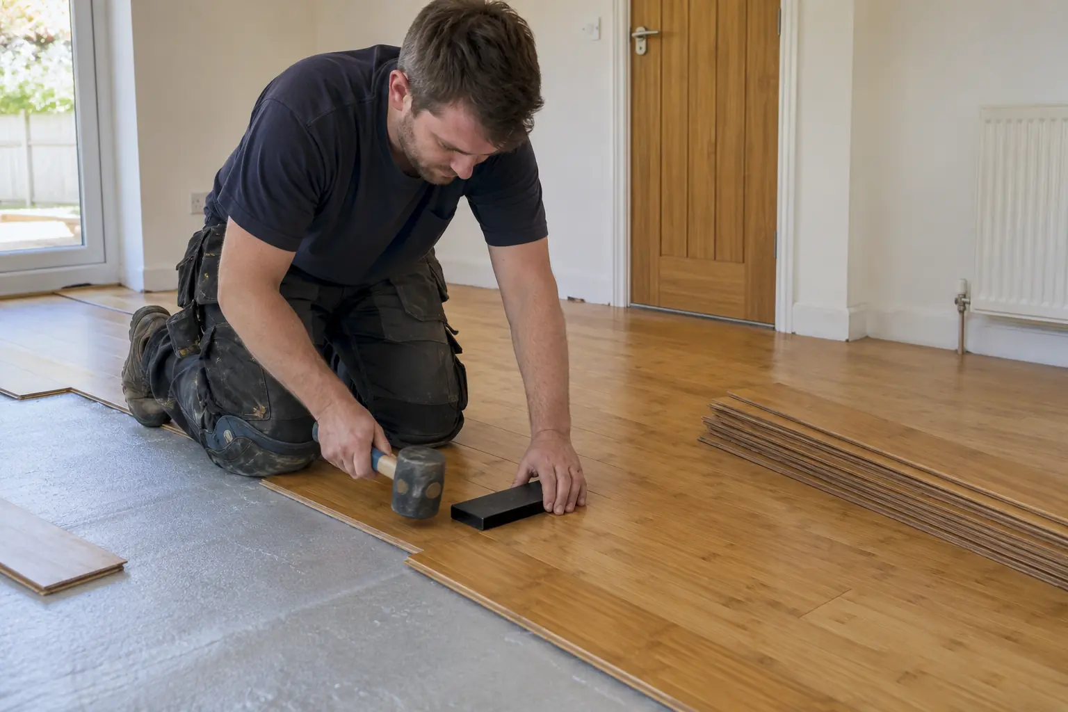 Bamboo floor installation — Floor fitter installing honey-colored bamboo flooring boards with recognizable fine bamboo strip grain and nodes, click-joint plank being aligned using tapping block, prepared underlay and neat stack of bamboo boards.
