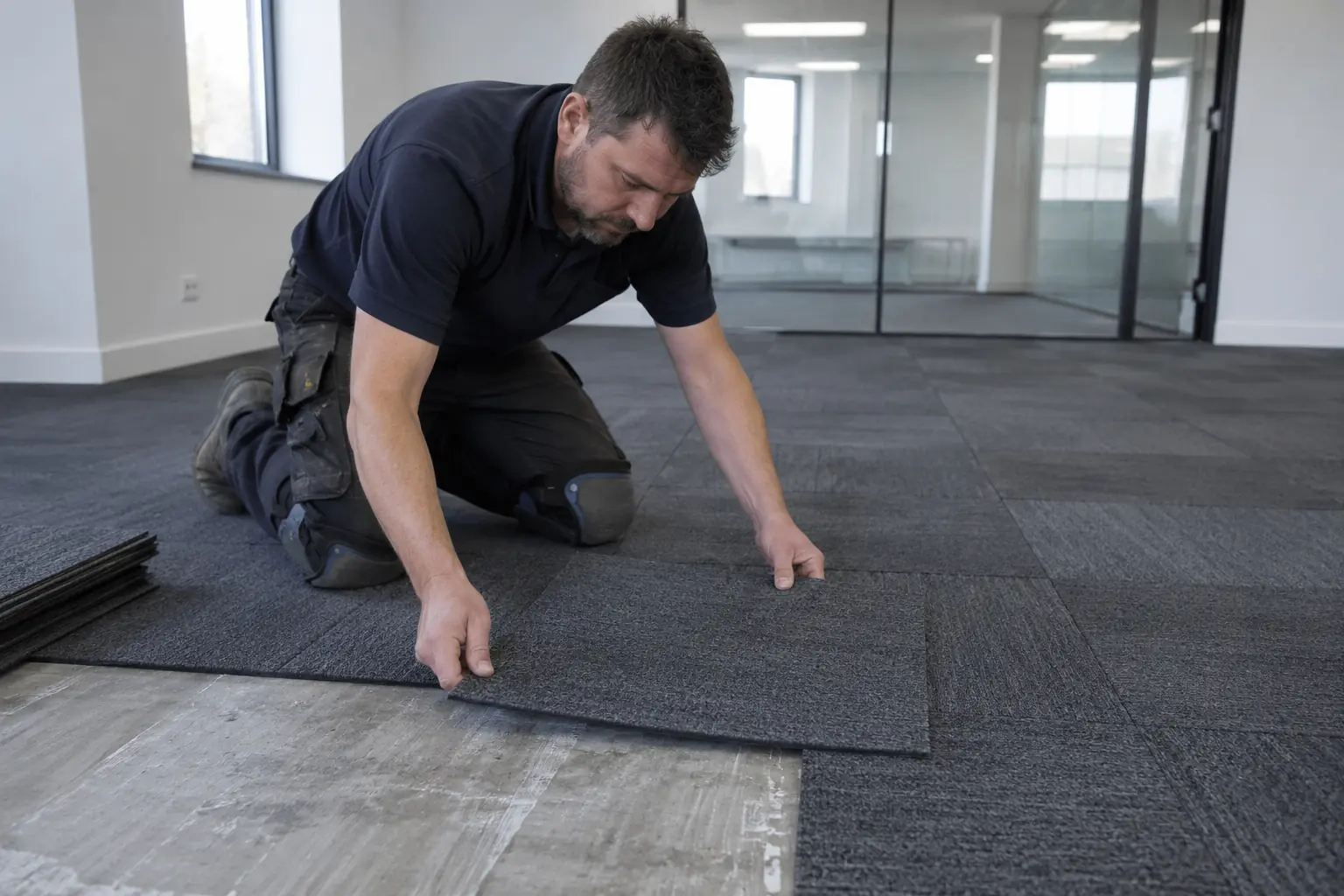 Carpet tile flooring — Floor fitter laying square charcoal carpet tiles in a modern empty office, distinct modular tile grid and a loose carpet tile being positioned on prepared floor, knee pads, office glass partition in background.