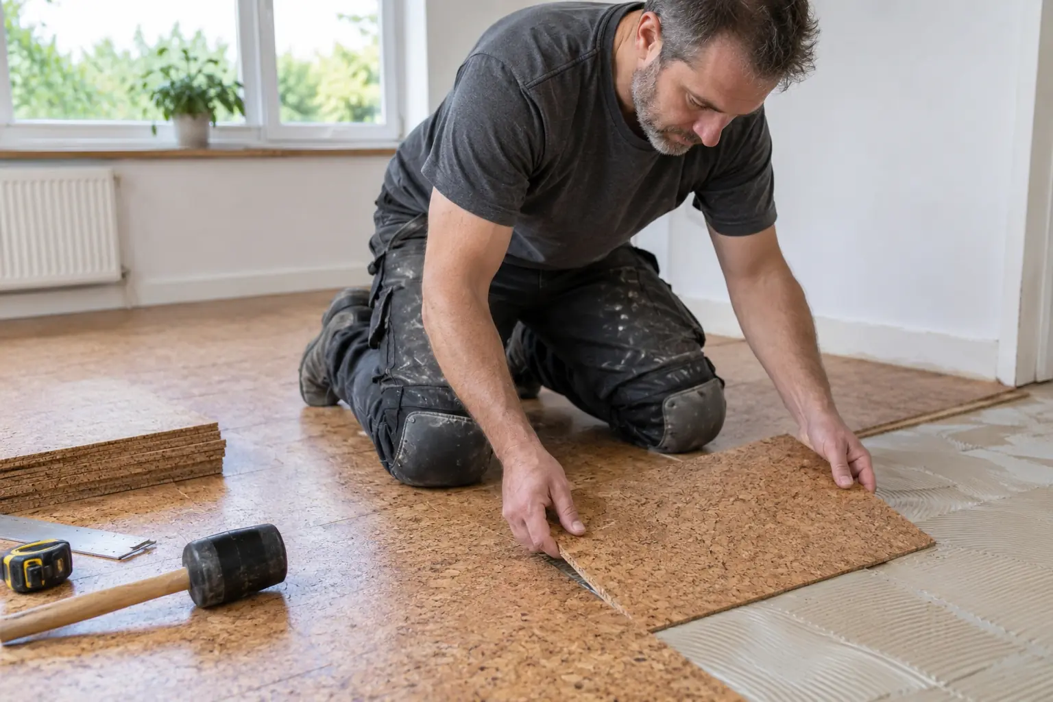 Cork flooring installation — Floor installer fitting warm tan cork flooring tiles in a bright room, unmistakable granular cork texture, a cork tile in hand being lowered onto prepared floor, knee pads and orderly tools.