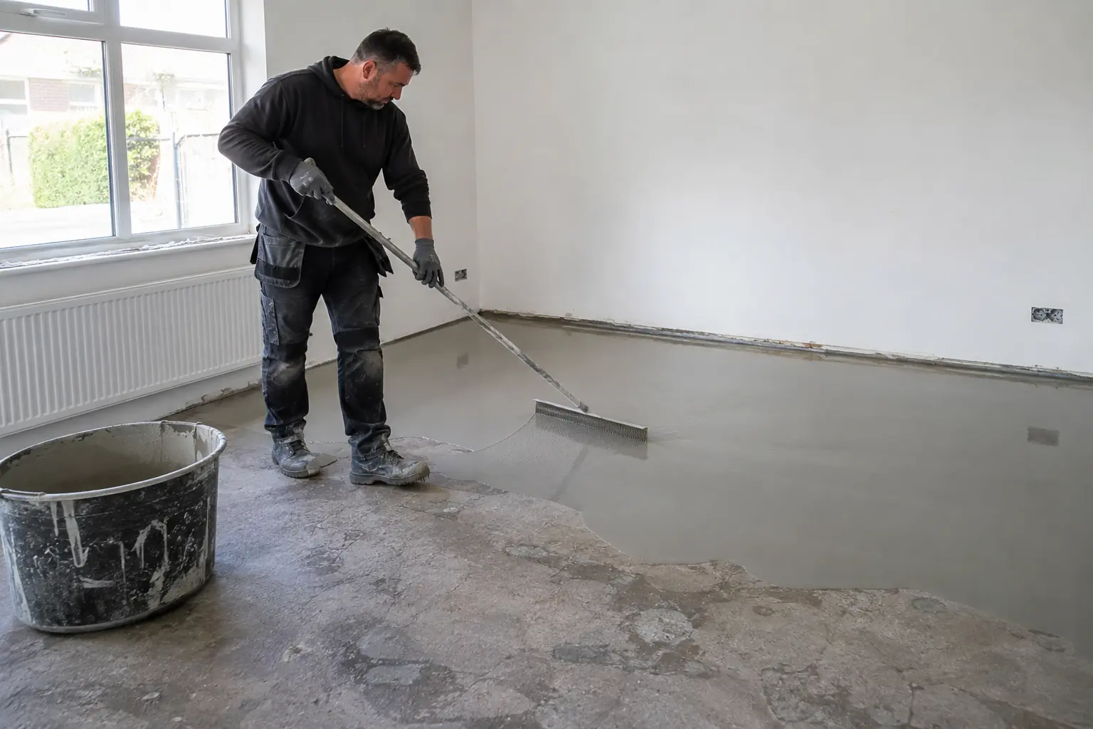 Floor levelling — Flooring worker spreading a pale grey self-levelling compound with a long-handled gauge rake over an uneven prepared concrete subfloor in an empty room, visible wet smooth compound edge and mixing bucket, suitable workwear.