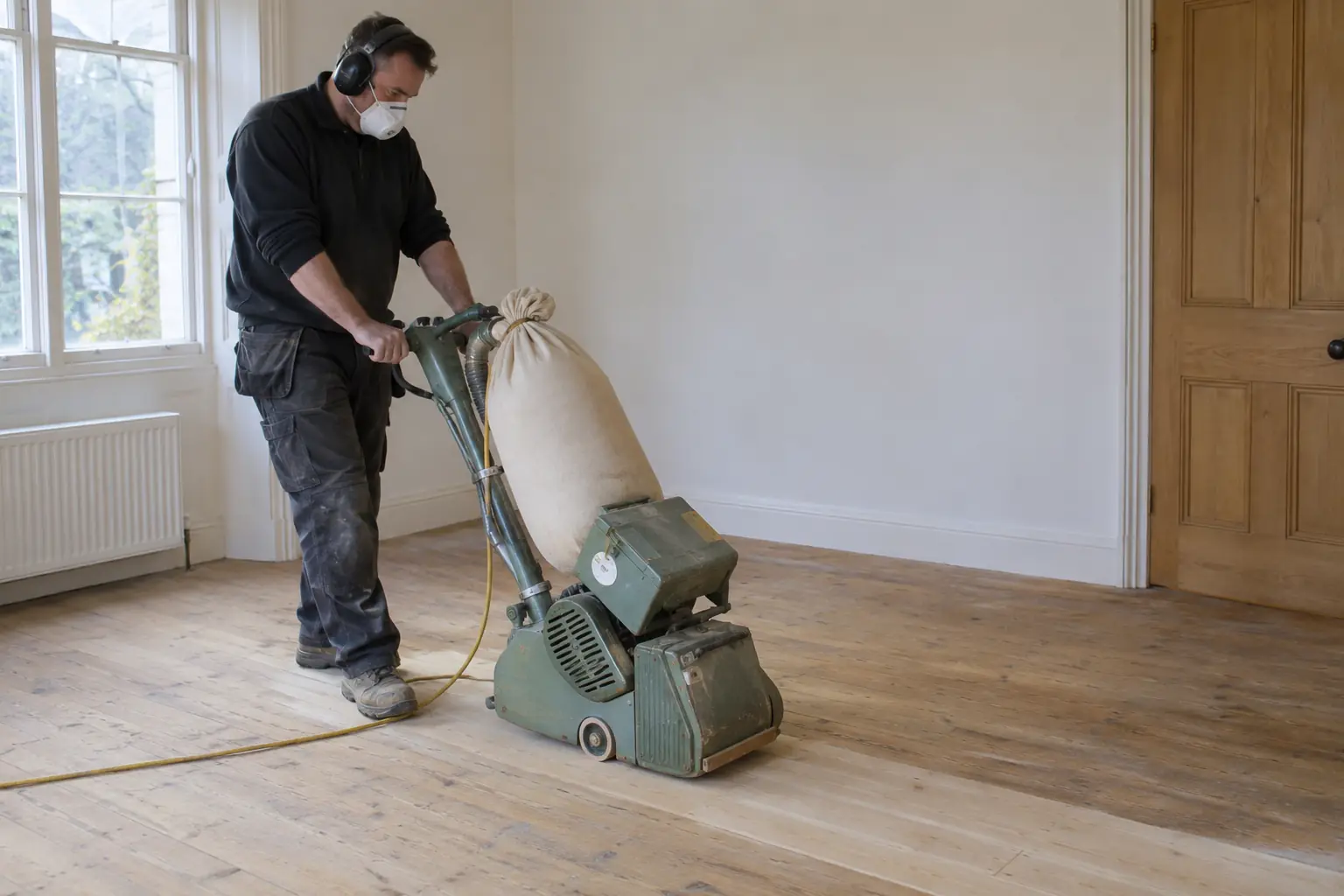 Floor sanding and refinishing — Wood flooring specialist using a professional walk-behind drum floor sander on an oak plank floor in an empty room, attached dust collection bag, hearing protection and dust mask, freshly sanded pale strip visible.
