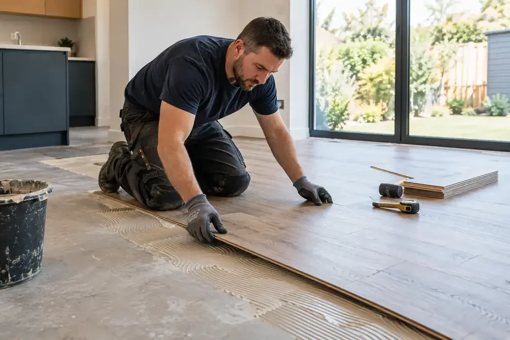 Floor fitter fitting timber-look planks indoors