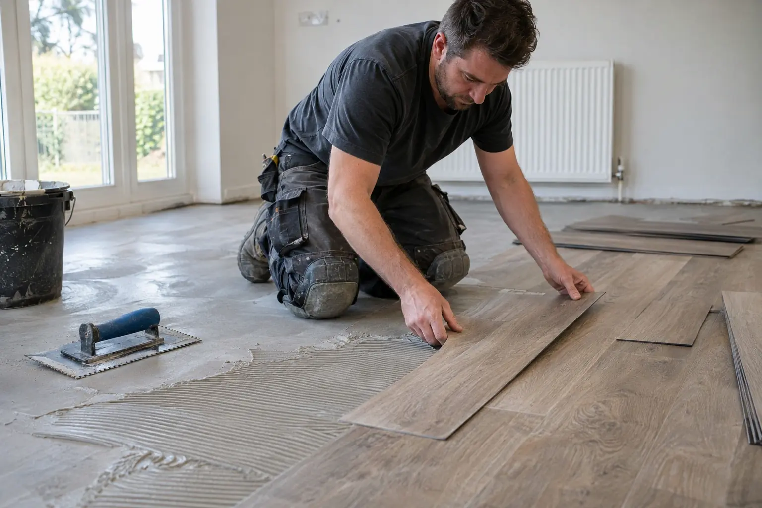 LVT flooring installation — Floor fitter carefully laying a wood-effect luxury vinyl tile plank into adhesive on a smooth prepared subfloor in a bright home, thin flexible LVT planks and notched trowel clearly visible, knee pads.