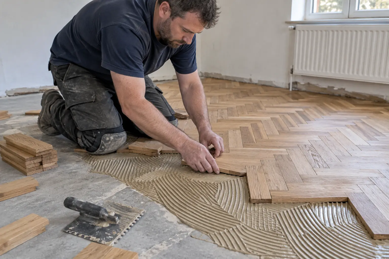 Parquet floor fitting — Floor fitter in knee pads placing small oak parquet blocks in a herringbone pattern on adhesive-coated subfloor, clearly visible individual rectangular parquet blocks and notched trowel.