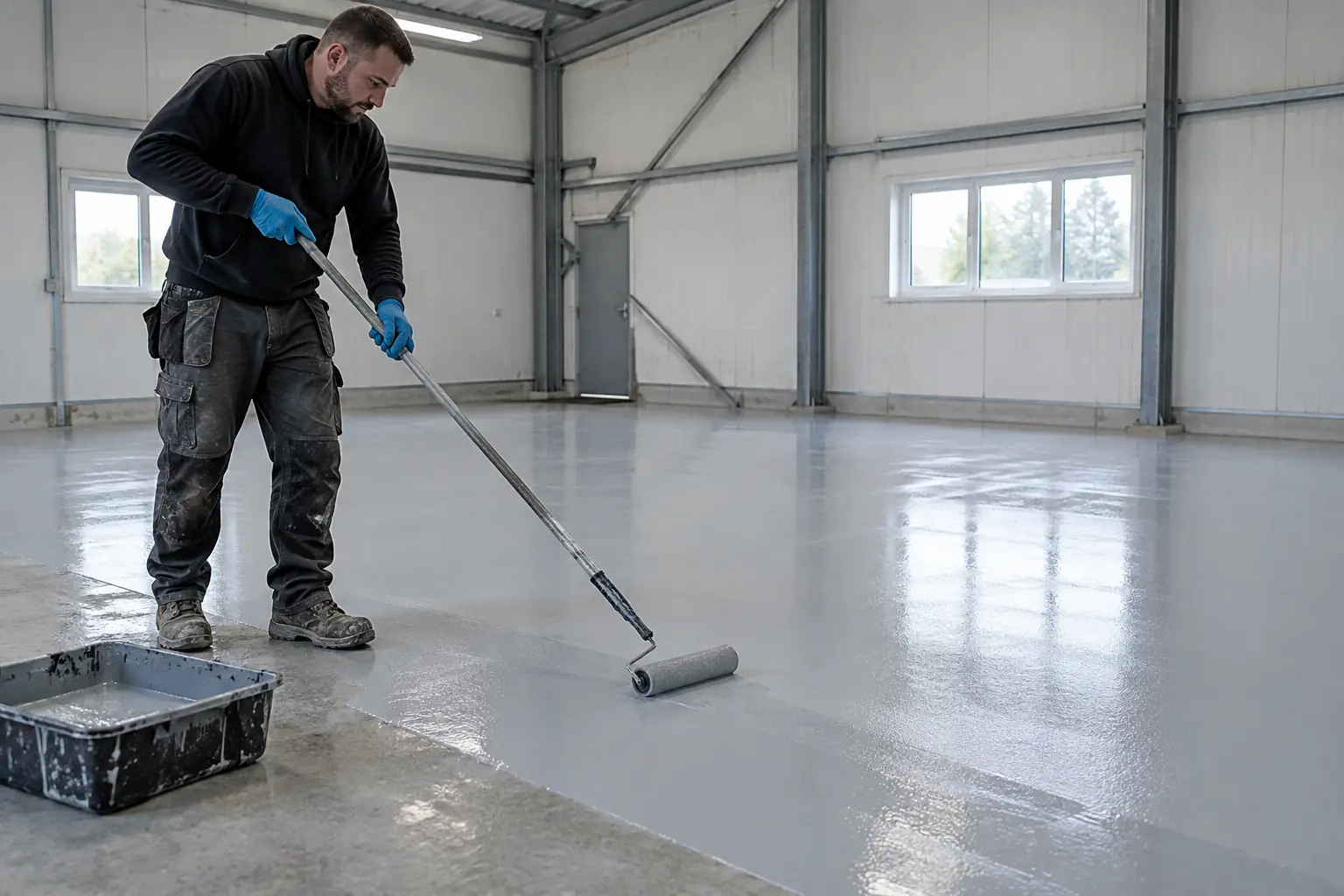 Resin flooring — Flooring contractor wearing gloves and protective workwear applying smooth pale grey epoxy resin floor with long-handled roller in an empty well-ventilated workshop, wet resin sheen and roller trail clearly visible.