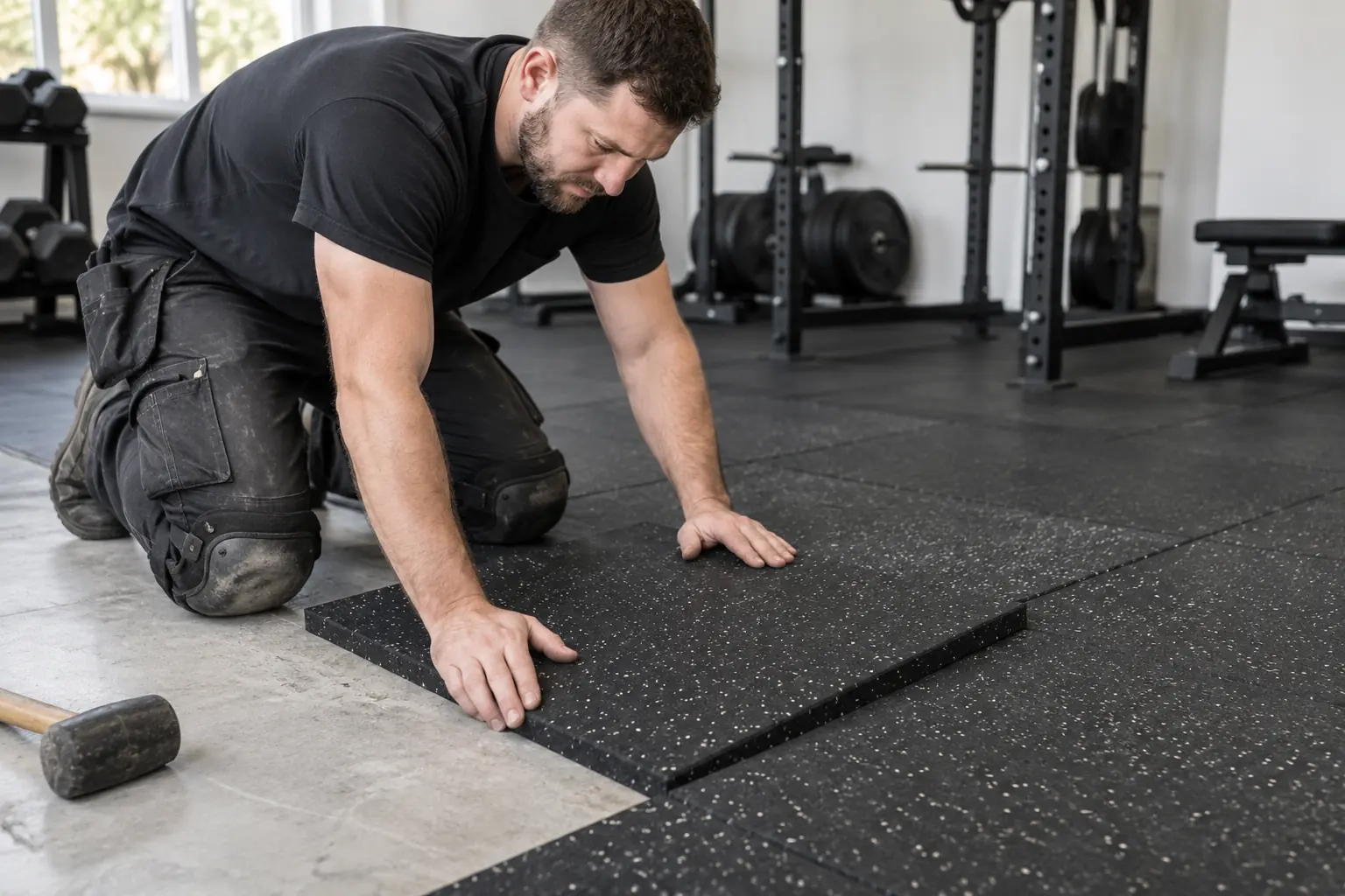 Rubber flooring installation — Installer fitting thick black speckled rubber floor tiles in a small gym, tile edges and thickness clearly visible, exercise rack blurred in background, worker pressing tile into place on prepared base, knee pads.