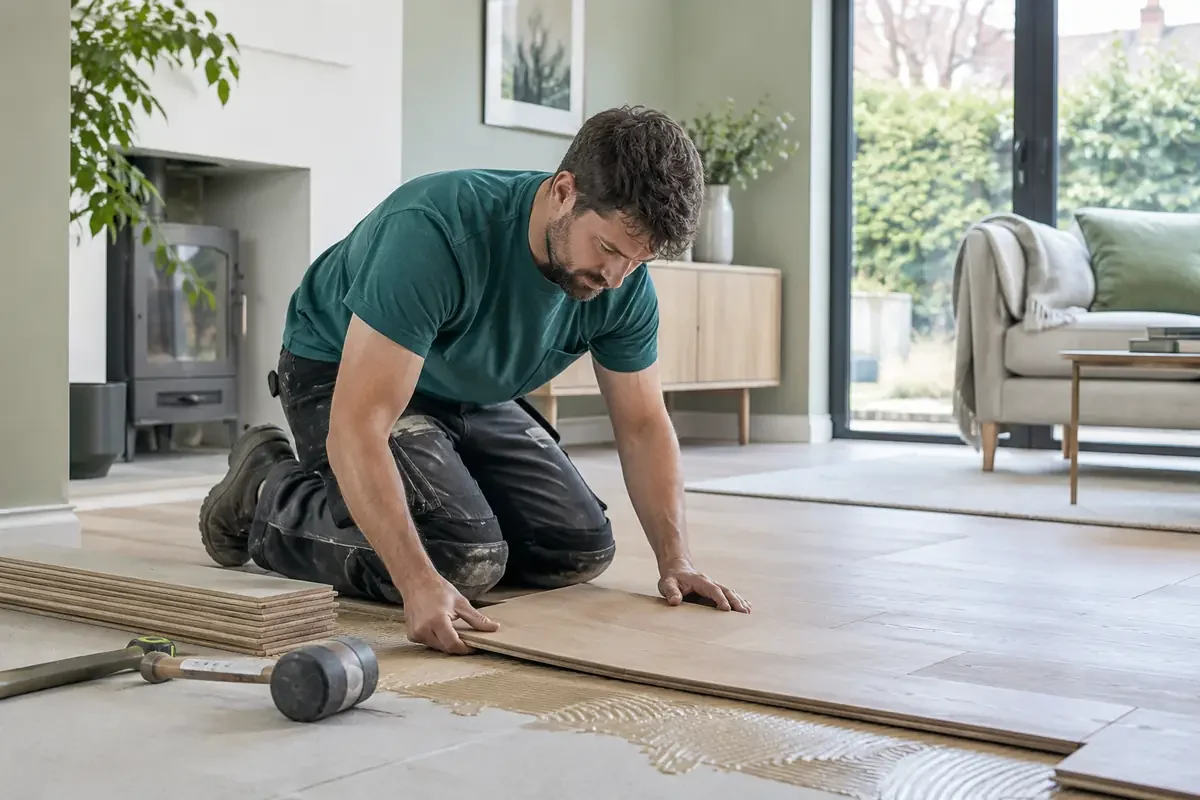 Floor fitter joining timber-look floor planks