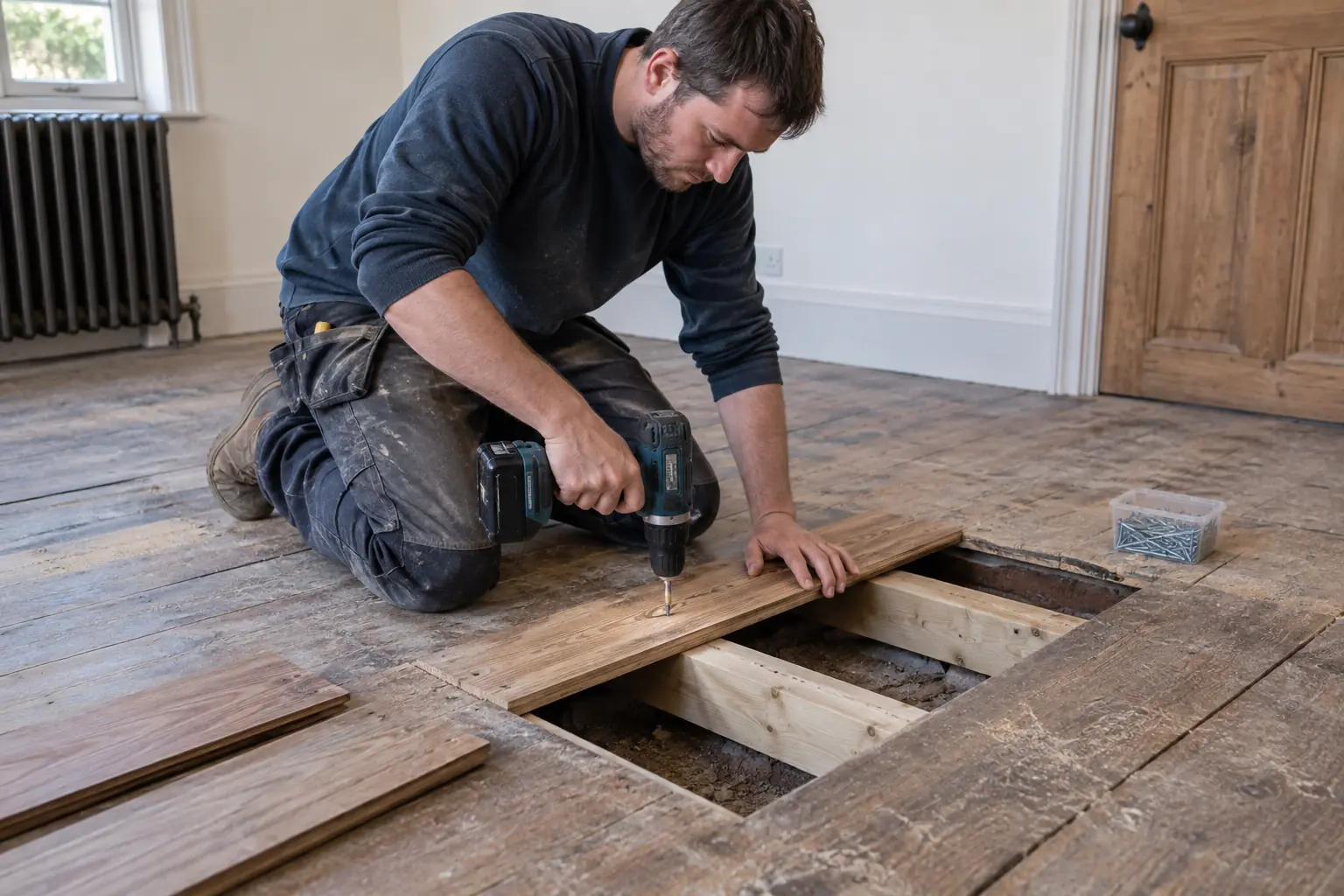 Subfloor repairs — Carpenter repairing timber floorboards with a small section lifted to reveal joists and new timber support beneath, fitting a replacement floorboard over repaired support, safe cordless drill, clean domestic room.