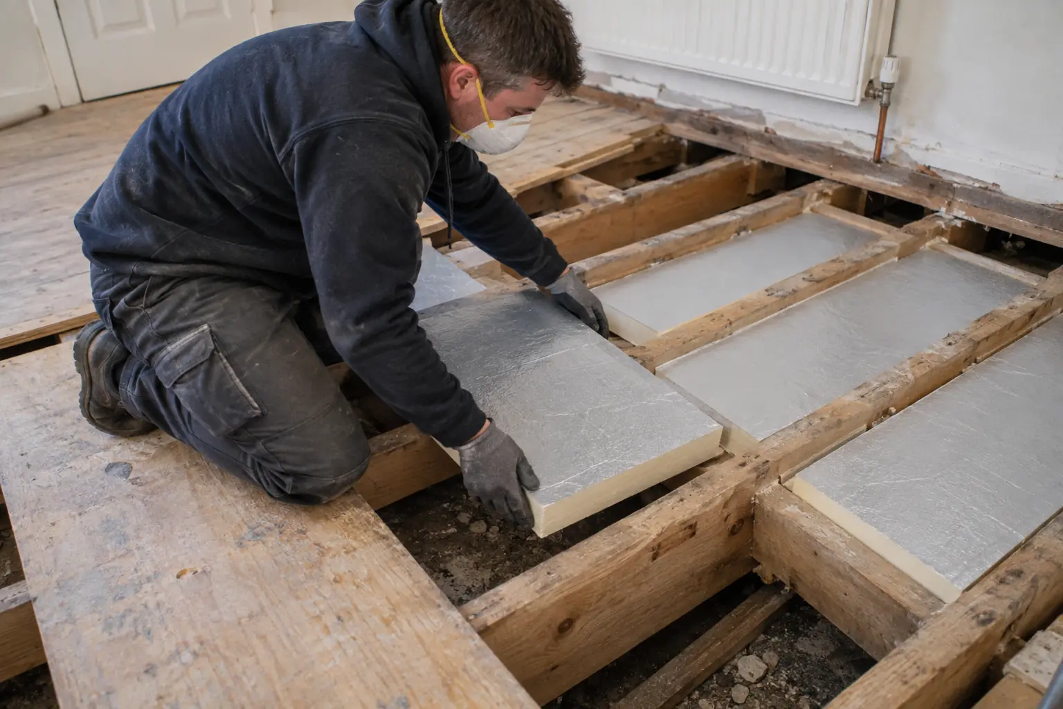 Underfloor insulation fitting — Installer in gloves and dust mask fitting rigid insulation panels between exposed suspended timber floor joists, nearby lifted floorboards clearly show domestic floor construction, stable working board and no unsafe stance.