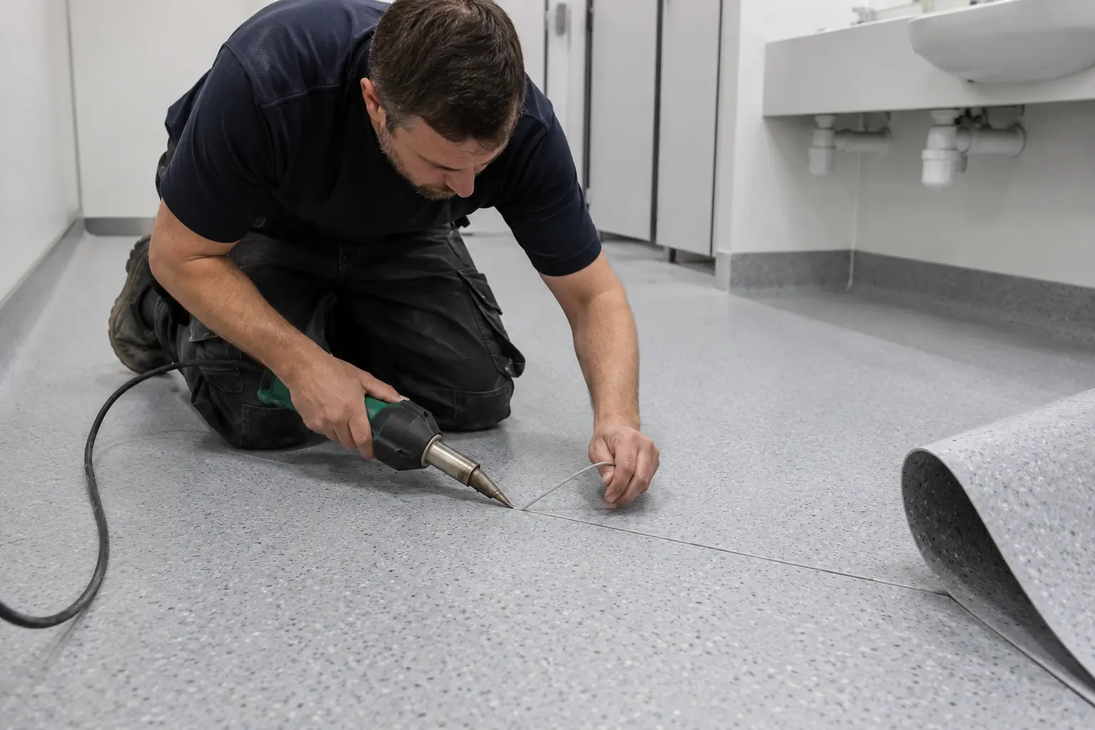 Vinyl floor fitting — Floor fitter kneeling and hot-welding a straight seam in speckled slip-resistant sheet vinyl in a clean commercial washroom, flooring weld gun and welding rod visible, coved vinyl wall junction and rolled sheet edge nearby.